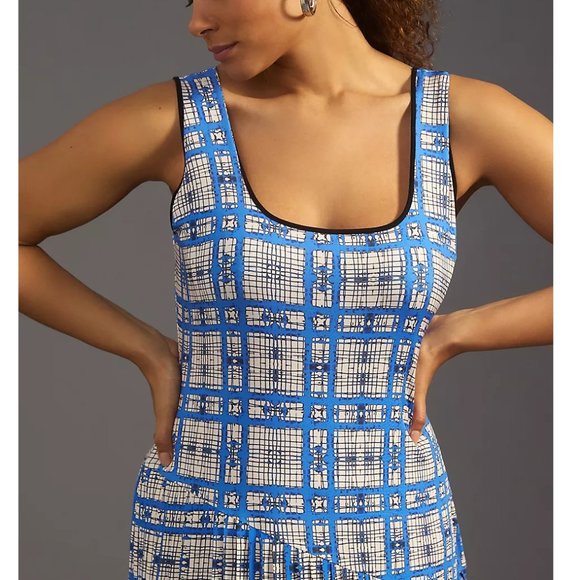 ๐ Anthropologie Dhruv Kapoor Plaid Mesh Midi Dress - Blue White Plaid XL - Picture 6 of 15